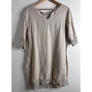 Alessia Pacini Beige 100% Linen Crochet Lace Trim Shift Dress Made in Italy L